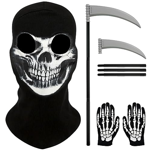 SHOWHEEL Halloween Skeleton Maske Handschuhe set,1 Schädel Gesichtsmaske+1 Schädel Handschuhe+1 Halloween Sichel,Halloween Schädel Gesichtsmaske Dekoration Accessoire,für Halloween,Cosplay,Karneval von SHOWHEEL