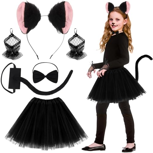 SHOWHEEL Katzenkostüm Kinder 6 Stück, Kostüm Katze Mädchen mit Katzenohren Stirnband, Katzenschwanz, Krawatte, Tierkostüm Kinder, Kätzchenkostüm Katzen Cosplay Set für Karneval Halloween Motto Party von SHOWHEEL