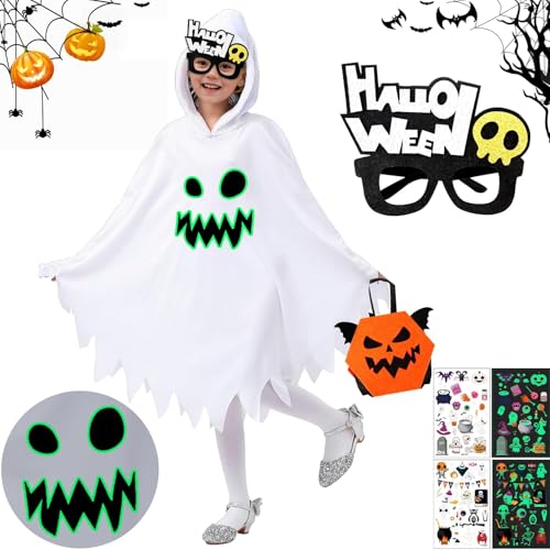 5 Stück Halloween Kinder Geister Kostüm Weißes Gespenst Gesicht Umhang Lustige Spooky Cloak Kind Halloween Kostüm mit Kürbis Tragetasche Gläser Tattoos Für Halloween,Karneval,Fasching,Mottoparty(XS) von SHOWHEEL