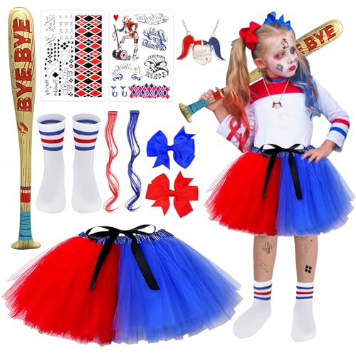 SHOWHEEL Mädchen Bösewicht Suicide Kostüm Kit, Halloween Kostüm Cosplay Mädchen, Tüllrock mit Halskette, Aufblasbarer Baseballschläger, Socken, Haare Bundle, für Halloween Karneval Cosplay von SHOWHEEL