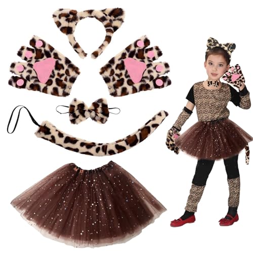 SHOWHEEL Leoparden Kostüm Kinder 6 Stück, Tierkostüm Kinder mit Leopardenohren, Katzenschwanz, Krawatte, Handschuhe, Leopard Verkleiden Set für Karneval Halloween Motto Party, Brown von SHOWHEEL