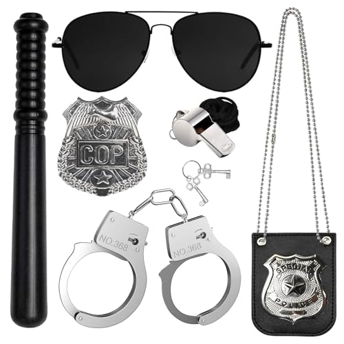 SHOWHEEL Polizei Kostüm Kinder, 6 Polizei Kostüm Zubehör Set, Polizei Handschellen Polizist Abzeichen Sonnenbrille Schlagstock Detective Cop Swat FBI Kostüm Halloween Party Rollenspiel Cosplay von SHOWHEEL