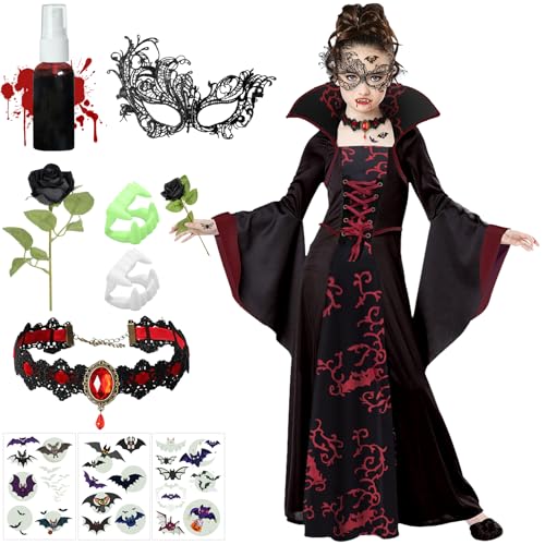 SHOWHEEL Vampir Kostüm Mädchen,Halloween Vampirkostüm Kinder,Kinderkostüm Vampirin Kleid mit Rose Rubin Halskette Vampirgebiss,Vampir-Königin Kostüme für Fasching Karneval Mottoparty Cosplay Party von SHOWHEEL