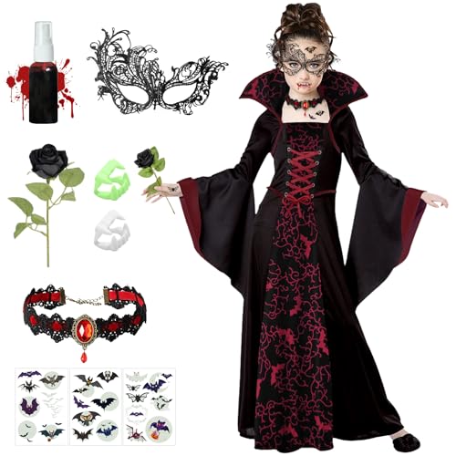 SHOWHEEL Vampir Kostüm Mädchen,Halloween Vampirkostüm Kinder,Kinderkostüm Vampirin Kleid mit Rose Rubin Halskette Vampirgebiss,Vampir-Königin Kostüme für Fasching Karneval Mottoparty Cosplay Party von SHOWHEEL