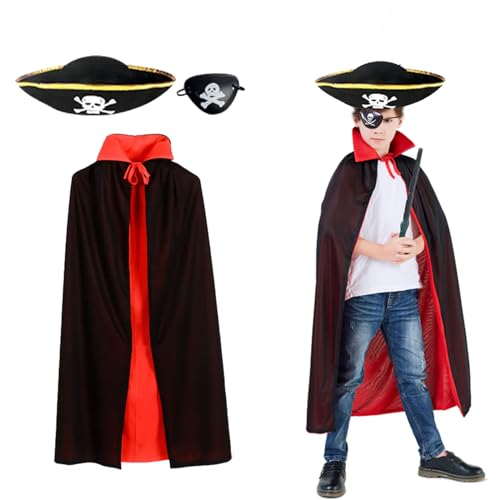 SHRADS 3Pcs Halloween Kostümen für Kinder, Vampir Umhang, schwarz roter wendbarer Halloween Umhang mit Hut, Augenmaske, Halloween Cosplay Kostüm für Kinder (90 cm) von SHRADS
