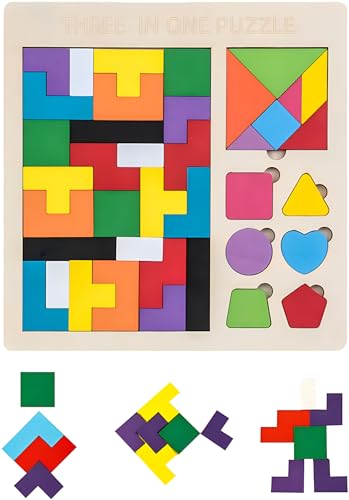 SHSHbuy Holzpuzzle Tetris Tangram,3 en 1 Tangram Puzzle Jigsaw Geometrische Blöcke Holz Puzzle Box Gehirn Spiele für Kinder Frühe Pädagogische,Montessori Spielzeug ab 3 Jahre von SHSHbuy