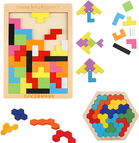 SHSHbuy Holzpuzzle Tetris Tangram,2 Stück Tangram Puzzle Jigsaw Geometrische Blöcke Holz Puzzle Box Gehirn Spiele für Kinder Frühe Pädagogische,Montessori Spielzeug ab 3 Jahre von SHSHbuy