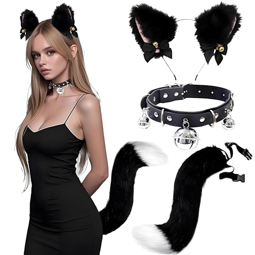 SHTALHST Katzenkostüm Damen, Katzenohren Haarreif, Schwarz Katzen Kostüm, Katze Ohren, Katzenschwanz und Katzenohren Halsband für Karneval, Kostümfest, Katze Cosplay, Katzenschwanz Fasching von SHTALHST