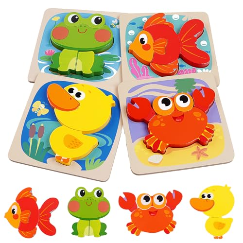 SHUCHING 4er-Set Holzpuzzle, Holzspielzeug Kinderspielzeug, Steckpuzzle Holz Montessori Spielzeug für Baby, Tier Holzpuzzle Puzzle Kleinkind Lernspielzeug für Kinder-Frosch Krabbe Ente Goldfisch von SHUCHING