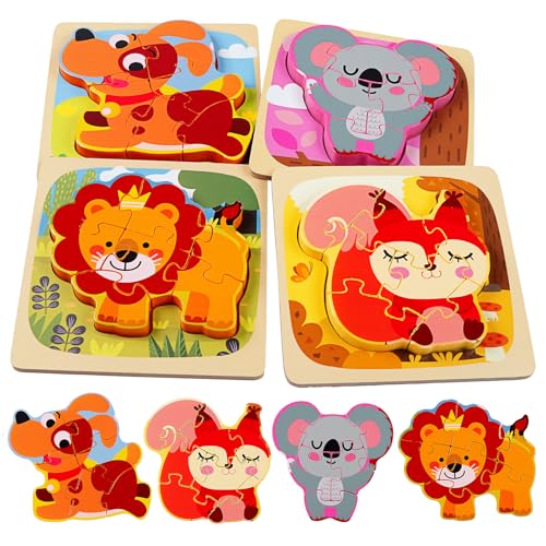 SHUCHING 4er-Set Holzpuzzle, Holzspielzeug Kinderspielzeug, Steckpuzzle Holz Montessori Spielzeug für Baby, Tier Holzpuzzle Puzzle Kleinkind Lernspielzeug für Kinder-Koala Eichhörnchen Löwe Welpe von SHUCHING