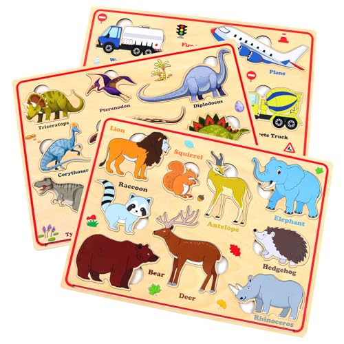 SHUCHING Wooden Peg Puzzles für Kleinkinder, hölzerne Tiermagnete Kühlschrank, 3 Satz Kleinkind Puzzless, Montessori Puzzlespielzeug, großes Geschenk für Mädchen und Jungen-Tier Dinosaurier Fahrzeug von SHUCHING