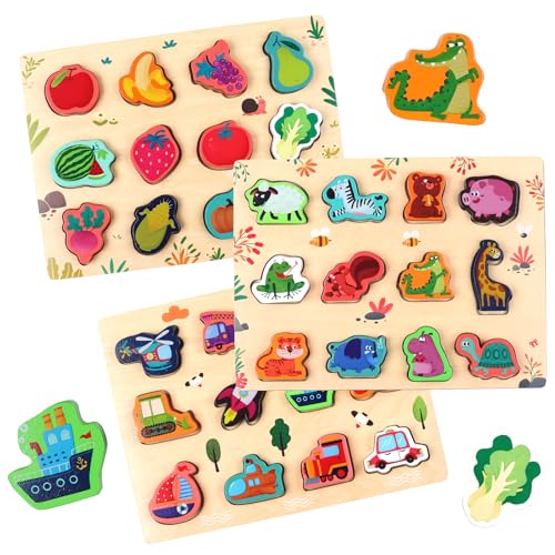 SHUCHING Wooden peg Puzzles für Kleinkinder, Holzspielzeug Kinderspielzeug, Steckpuzzle Holz Montessori Spielzeug für Baby,Tier Holzpuzzle Puzzle Kleinkind Lernspielzeug für Kinder-Tier Fahrzeug Obst von SHUCHING