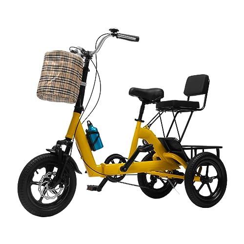 14 Zoll Klappbares Dreirad, faltbares Dreirad mit Einkaufskorb, Klappbares Dreirad für Erwachsene und Senioren (Gelb) von SHZICMY