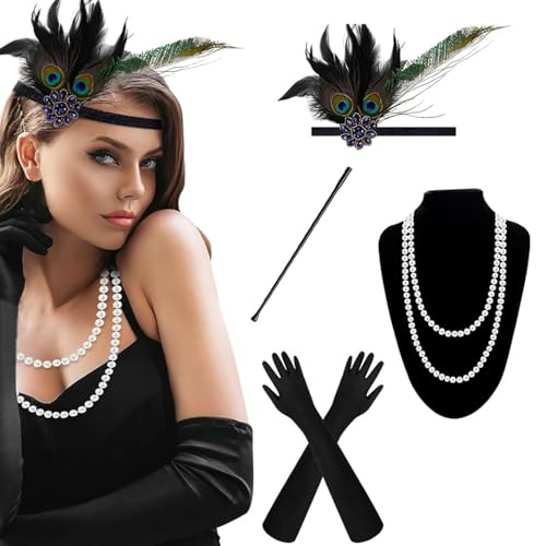 SHZMJL 4 Pack Feder Kopfschmuck Brüllen Set 1920er Flapper Stirnband 20er Jahre Haarschmuck mit Stirnband Halskette Handschuhe Tabakstab Feder Kopfbedeckung für 20er Jahre Party Hochzeit Kostüm von SHZMJL