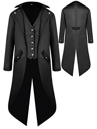 SIAEAMRG Renaissance Steampunk Frack Halloween Kostüme für Jungen, Mittelalter Pirat Vampir Viktorianische Jacke Gehrock Kinder, Schwarz, L von SIAEAMRG