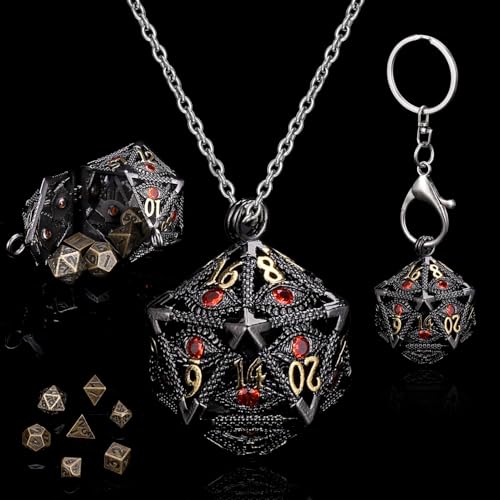 SIBOSUN Mini DND Würfel Set Mit Schwarz Orange Auge Gold Beschriftung D20 Sided DND Pendan Halskette 7PCS Tiny Metal Dice Set D&D Portable Keychain von SIBOSUN