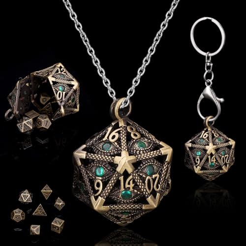 SIBOSUN Mini-DND-Würfel-Set aus Metall mit antiken Bronze und grünen Augen, D20-seitig, DND-Anhänger-Halskette, 7-teiliges kleines Würfel-Set aus Metall, D&D-Schlüsselanhänger von SIBOSUN