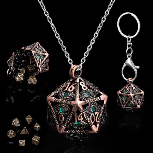 SIBOSUN Mini-DND-Würfel-Set aus Metall mit antiken roten Kupferfarben und grünen Augen, D20-seitig, DND-Anhänger-Halskette, 7-teiliges kleines Würfel-Set aus Metall, D&D-Schlüsselanhänger von SIBOSUN