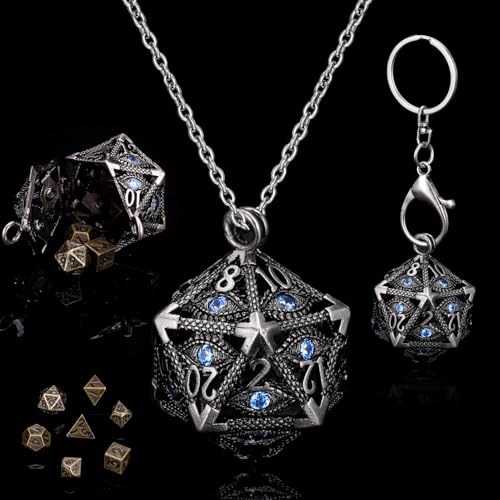 SIBOSUN Mini DND Würfel Set mit antikem Silber (Nickel) Blaue Augen D20 Sided DND Pendan Halskette 7PCS Tiny Metal Dice Set D&D Keychain von SIBOSUN