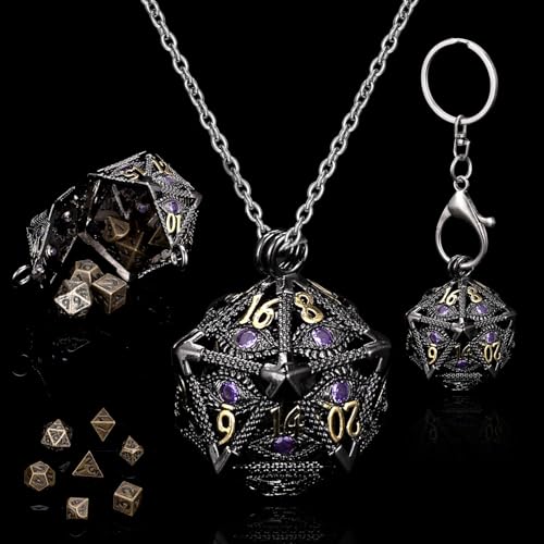 SIBOSUN Mini DND Würfel Set mit schwarzem lila Auge Goldbeschriftung D20 Sided DND Pendan Halskette 7PCS Tiny Metal Dice Set D&D Portable Keychain von SIBOSUN