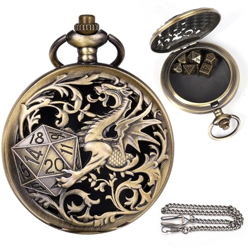 Sibosun Mini DND Würfel Set Bronze Taschenuhr Gehäuse 7-teilige Dungeons&Dragons Anfänger Set Rollenspiel Brettspiel Power&Necklace von SIBOSUN