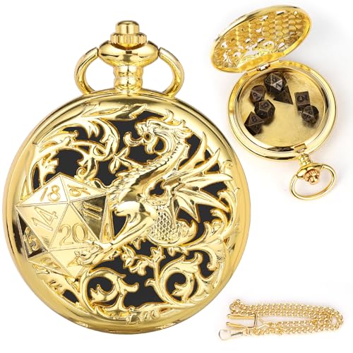 Sibosun Mini DND Würfel Set Gold Taschenuhr Gehäuse 7-teilige Dungeons&Dragons Anfänger Set Rollenspiel Brettspiel Power&Necklace von SIBOSUN