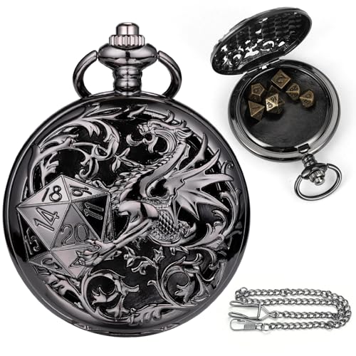 Sibosun Mini DND Würfel Set Schwarz Taschenuhr Gehäuse 7-teilige Dungeons&Dragons Anfänger Set Rollenspiel Brettspiel Power&Necklace von SIBOSUN