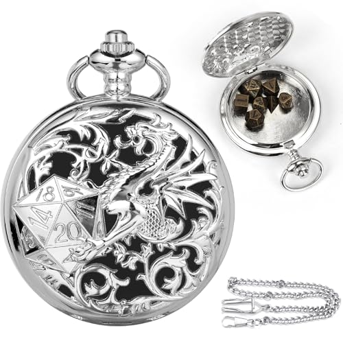 Sibosun Mini DND Würfel Set Silber Taschenuhr Gehäuse 7-teilige Dungeons&Dragons Anfänger Set Rollenspiel Brettspiel Power&Necklace von SIBOSUN