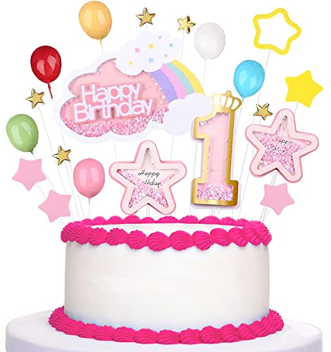 SICHUANG 1 Geburtstag Tortendeko Mädchen 1st Geburtstag Kuchendekoration Rosa Sterne Cake Topper Regenbogen Tortendeko Pinker Bogen Happy Birthday Torten Topper Für Mädchen Geburtstag Und Babys von ORTCI