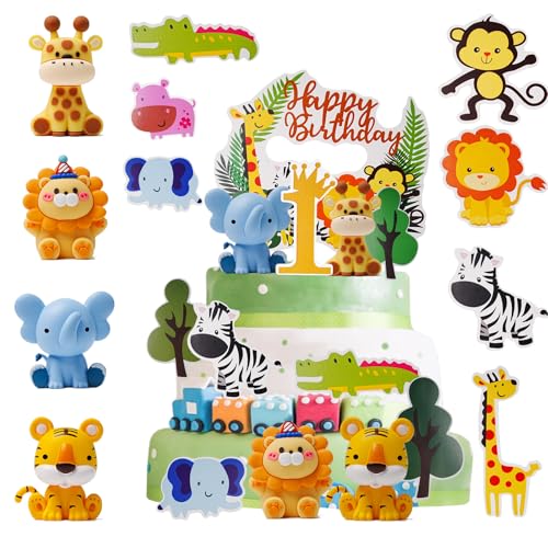 Tortendeko Tiere 16 Stück Tortendeko Waldtiere Giraffe Löwen Affen Figuren Tortendeko Dschungel Tortendeko 1. Geburtstag Cake Topper für Tortendeko Kinder Geburtstag(Tier Zahl 1) von ORTCI