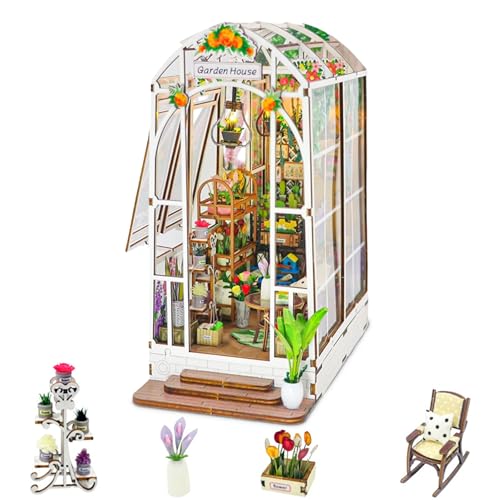 Book Nook Kit, 3D Puzzle Book Stand Made of Wood with LED, Miniature House Model Kit Dekoration Handwerk für Erwachsene und Jugendliche zum Zusammenbauen (Garden Shed) von SICSHTOP