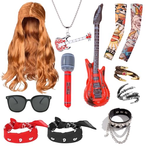 Punk Rocker Kostüm Kit,12 Stück Rock Star Herren Kostüm Zubehör,Rockstar Bandana,Perücke,Punk Armband,Tattoo Sleeve,Aufblasbare Gitarre Mikrofon für RockStar Karneval Cosplay Kostüm Partydekoration von SIEBOLD