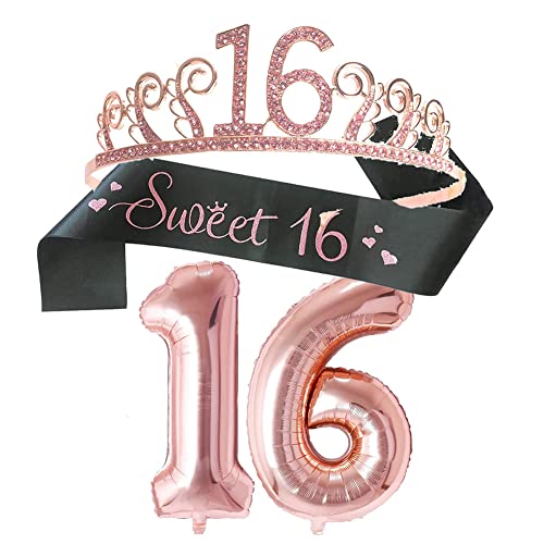 RoséGold 16. Geburtstagskrone Kristall Tiara,Birthday Crown Sash, 16 Geburtstag MäDchen,16 Jahre alter Ballonalles gute zum geburtstag kopfschmuck für Mädchen Frauen Geburtstagsfeier Dekoration von SIEBOLD