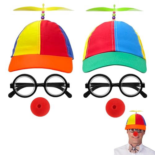 SIEBOLD 2 Stück Set Propeller mütze,Helikopter Cap,Propeller Hut,Lustige mützen,mit NerdBrille and Clownnase,für Sport,Outdoor,Reisen für Karneval Party hüte Kostüm für Erwachsene und Kinder von SIEBOLD