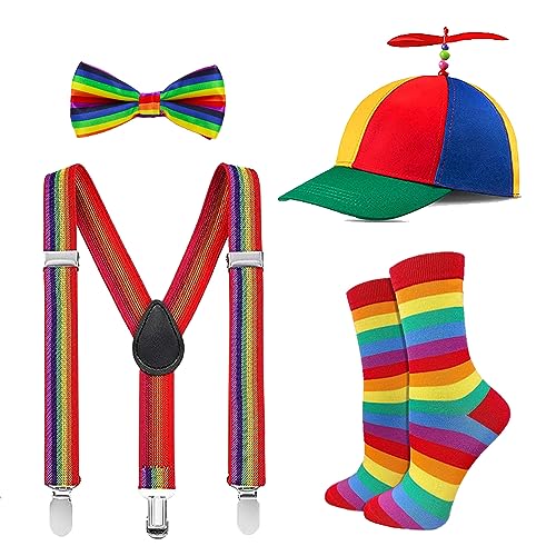 SIEBOLD 4 Stücke Propeller mütze,Helikopter Cap,Propeller Hut,mit Krawatte und verstellbare elastische Y-Rücken Hosenträger und bunte Socken for und Cosplay Costume Party Supplies Trick Party Favors von SIEBOLD