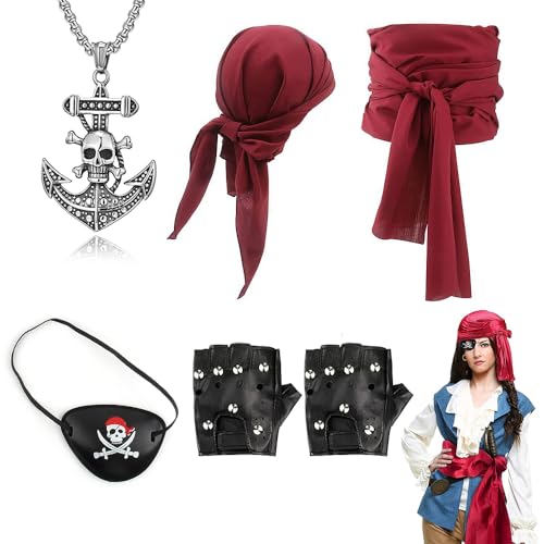 SIEBOLD 5 Stück Piraten kostüm Zubehör,Mittelalter Piraten Kopftuch Taillengürtel,mit Piraten Augenmaske,Halskette,Handschuhe,für Damen Herren Piraten Thema Cosplay Partykostüm Dekoration von SIEBOLD