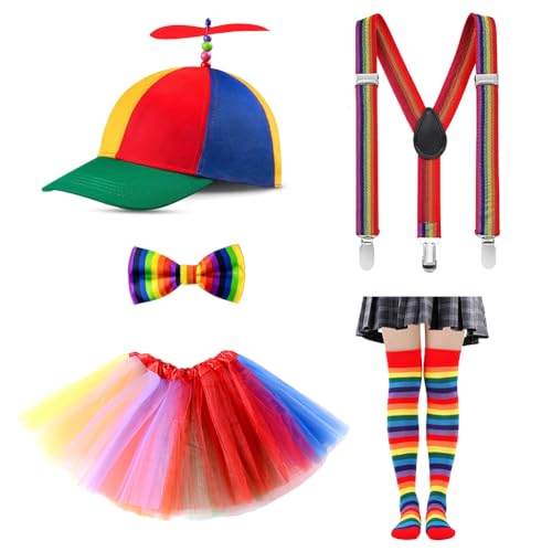 SIEBOLD 5 Stücke Propeller mütze,Helikopter Cap,Propeller Hut,mit Tüllrock Bunte BowTie und verstellbare Y-Rücken Hosenträger,Kniehohe Socken, für Karneval Partykostüm Requisiten Partygeschenk von SIEBOLD