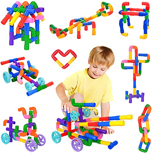 SIENIANLINE Pipe Tube Toys, 96 Stück Klassische Bausteine Zusammenbau von Spielzeug mit Rädern - Geschenk für kreative Lernerziehung Steckspiel für Jungen und Mädchen von SIENIANLINE