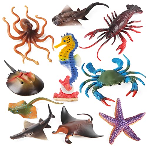 Ozean Meer Tiere Spielzeug Figuren, 10Pcs große Kunststoff Meer Kreatur Spielzeug Ozean Tiere Figuren Seepferdchen Seestern Krabbe Hummer Oktopus Teufelsfisch Rochen Meer Leben Figuren Kuchen Toppers von SIENON