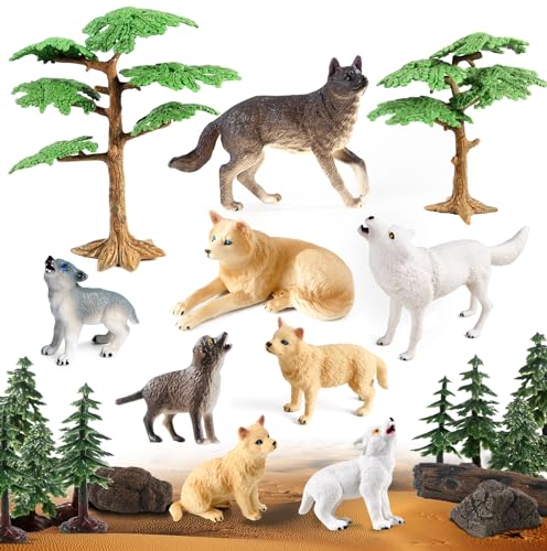 SIENON 23 Stück Wolfsfiguren Modellbäumen Wolfsfiguren-Spielzeugset für Wald-Diorama-Projekte, Wolfsfamilie Spielzeug mit Wolfsjungen Figuren für Woodland Kuchen Cupcake Toppers Dschungel Party Dekor von SIENON