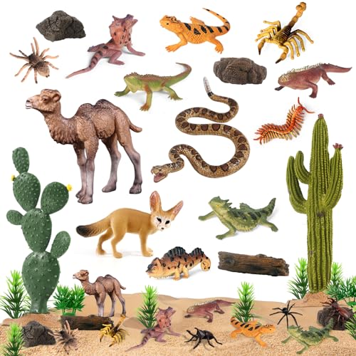 SIENON 32Stück Wüste Tierfiguren Modell Bäume Kaktus Kit Wüste Diorama Projekt mit Kamel Fennec Fox Schlange Skorpion Eidechse Reptil Spielzeug Playset für Kinder Geburtstag Kuchen Topper Party Deko von SIENON