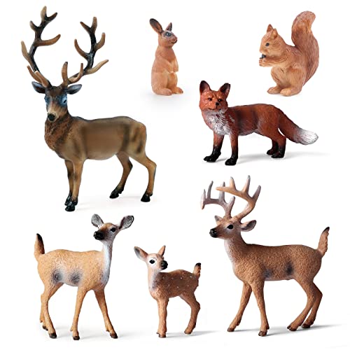 SIENON 7Stück Waldtiere Figuren Spielzeug, Tiere mit Hirsch Familie, Elch, Fuchs, Kaninchen, Eichhörnchen für Woodland Kuchen Cupcake Toppers Weihnachten Party Deko von SIENON