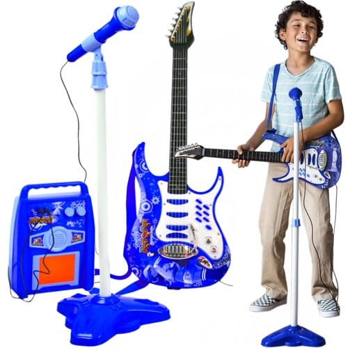 SILUK E-Gitarre + Verstärker + Mikrofon mit Ständer Set für Jungen (Blau) von SILUK