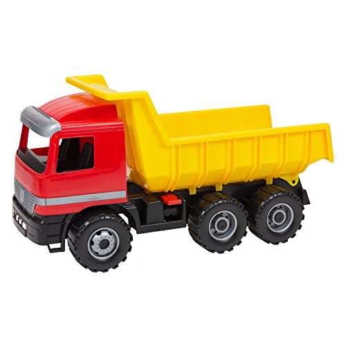 Lena 02031 - Starke Riesen Muldenkipper Mercedes Benz Actros, Kipplaster ca. 63 cm, großer Kipper mit 3 Achsen und verriegelbarer Kippmulde, robustes Baustellen Spielfahrzeug für Kinder ab 3 Jahre, Rot, Gelb, Schwarz von Lena