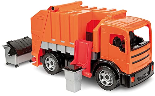 LENA 02166 Starke Riesen Müllwagen, Giga Trucks Müllfahrzeug ca. 72 cm, robuster Müll LKW mit 2 Achsen, Müllauto Funktion und 2 Mülltonnen, XXL Spielfahrzeug für Kinder ab 3 Jahre, Orange von Lena