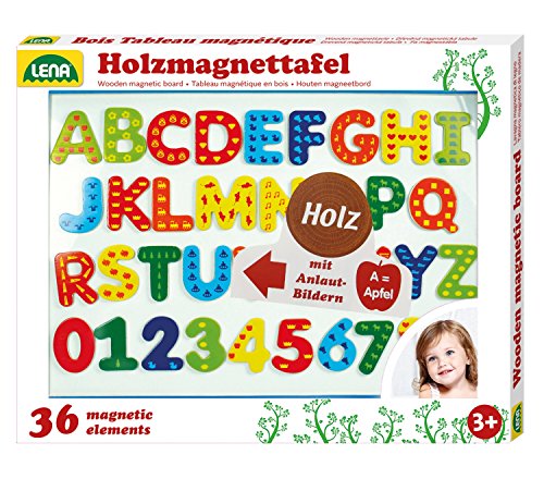 Lena 65822 - Holz Magnettafel Set, mit magnetischer Tafel ca. 44 x 38 cm, 26 Magnetbuchstaben und 10 Magnetzahlen, Holzmagnettafel für Kinder ab 3 Jahre, Kindertafel Lernset zum Schreiben und Rechnen, mehrfarbig von Lena