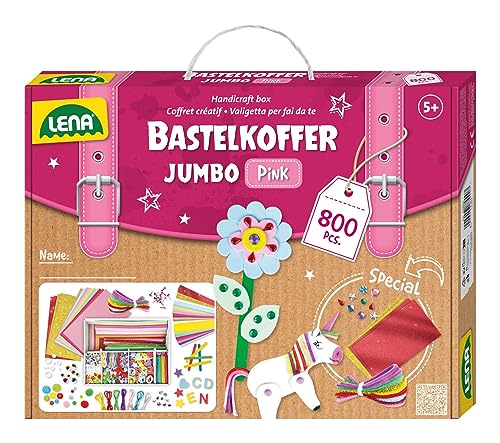 Lena 42664 Jumbo Bastelkoffer mit 800 Teile in Pastell Farben, Material zum Basteln, mit Moosgummi, Buntpapier, Strasssteine, Pompon, Bänder, Knöpfe, Kulleraugen und vielem mehr, ab 5 Jahre von Lena