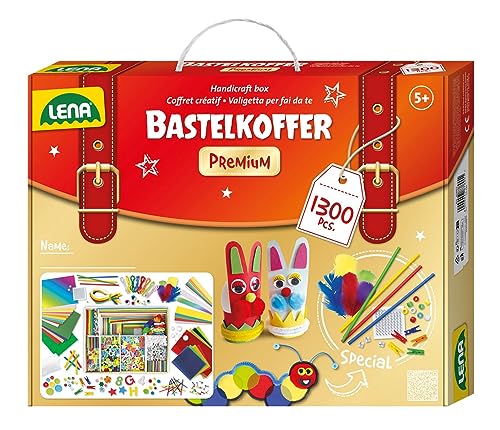 Lena 42663 Premium XXL Bastelkoffer mit 1300 Teile, Material zum Basteln, mit Moosgummi, Buntpapier, Perlen, Blumen, Pompon, Bänder, Knöpfe, Kulleraugen und vielem mehr, für Kinder ab 5 Jahre, Mittel von Lena