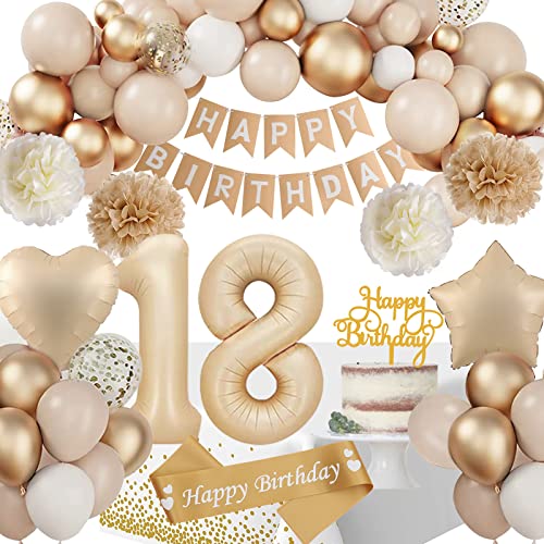 18 Geburtstag Deko, Deko 18 Geburtstags Mädchen, 18 Geburtstagdeko Beige Gold Ballon Deko mit Happy Birthday Girlande Tischdecke Geburtstagsschärpe Pompons für Party Deko 18 Geburtstag Mädchen von SIMSPEAR