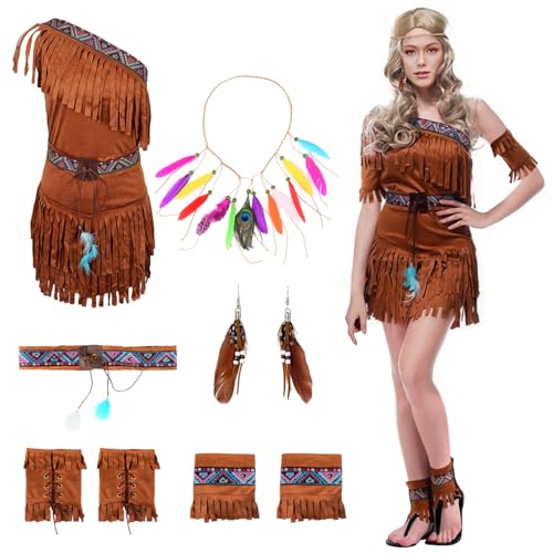 SIMSPEAR Indianer Kostüm Damen, Indianerkostüm für Karneval Fasching, Schönes Kleid mit Feder Stirnband, Ohrringe, Gürtel und Stiefelüberzüge, Handgelenkband, Karneval Kostüm Damen Indianerin von SIMSPEAR